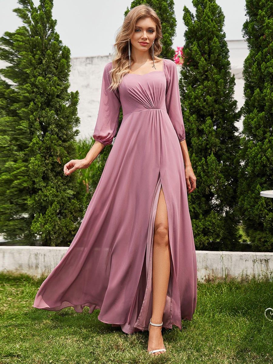 High-Slit Waist Pleated Off Shoulder Chiffon Bridesmaid Dress with Long Sleeves - Purple Orchid High-Slit Waist Pleated Off Shoulder Chiffon Bridesmaid Dress with Long Sleeves - Purple Orchid