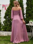 High-Slit Waist Pleated Off Shoulder Chiffon Bridesmaid Dress with Long Sleeves – Purple Orchid