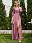 High-Slit Waist Pleated Off Shoulder Chiffon Bridesmaid Dress with Long Sleeves – Purple Orchid