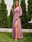 High-Slit Waist Pleated Off Shoulder Chiffon Bridesmaid Dress with Long Sleeves – Purple Orchid