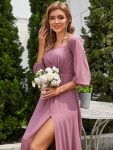 High-Slit Waist Pleated Off Shoulder Chiffon Bridesmaid Dress with Long Sleeves – Purple Orchid