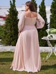 High-Slit Waist Pleated Off Shoulder Chiffon Bridesmaid Dress with Long Sleeves – Pink