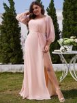 High-Slit Waist Pleated Off Shoulder Chiffon Bridesmaid Dress with Long Sleeves – Pink