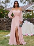 High-Slit Waist Pleated Off Shoulder Chiffon Bridesmaid Dress with Long Sleeves - Pink
