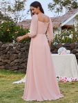 High-Slit Waist Pleated Off Shoulder Chiffon Bridesmaid Dress with Long Sleeves – Pink