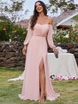 High-Slit Waist Pleated Off Shoulder Chiffon Bridesmaid Dress with Long Sleeves – Pink