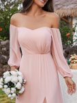 High-Slit Waist Pleated Off Shoulder Chiffon Bridesmaid Dress with Long Sleeves – Pink