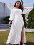 High-Slit Waist Pleated Off Shoulder Chiffon Bridesmaid Dress with Long Sleeves – White