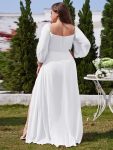 High-Slit Waist Pleated Off Shoulder Chiffon Bridesmaid Dress with Long Sleeves – White