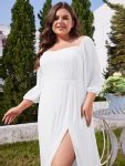 High-Slit Waist Pleated Off Shoulder Chiffon Bridesmaid Dress with Long Sleeves – White