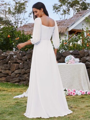 High-Slit Waist Pleated Off Shoulder Chiffon Bridesmaid Dress with Long Sleeves - White