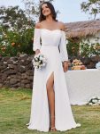 High-Slit Waist Pleated Off Shoulder Chiffon Bridesmaid Dress with Long Sleeves – White