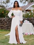High-Slit Waist Pleated Off Shoulder Chiffon Bridesmaid Dress with Long Sleeves - White