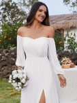 High-Slit Waist Pleated Off Shoulder Chiffon Bridesmaid Dress with Long Sleeves – White