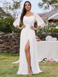 High-Slit Waist Pleated Off Shoulder Chiffon Bridesmaid Dress with Long Sleeves – White