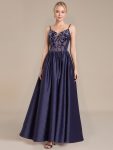 See-Through Satin Sleeveless Formal Dress - Navy Blue