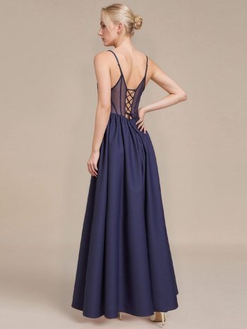 See-Through Satin Sleeveless Formal Dress - Navy Blue