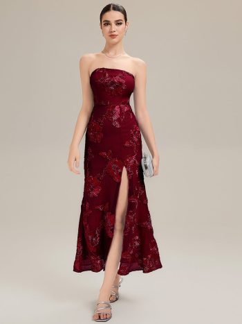 Thigh-High Slit Mesh Sleeveless Evening Dress - Burgundy