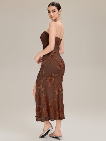 Thigh-High Slit Mesh Sleeveless Evening Dress - Brown