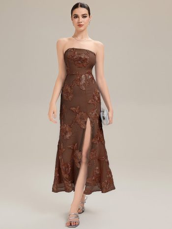 Thigh-High Slit Mesh Sleeveless Evening Dress - Brown
