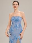 Thigh-High Slit Mesh Sleeveless Evening Dress – Ice Blue