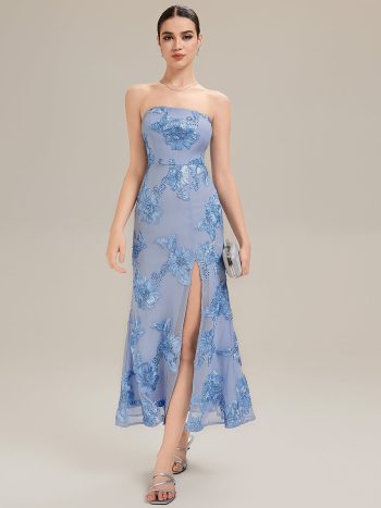 Thigh-High Slit Mesh Sleeveless Evening Dress - Ice Blue