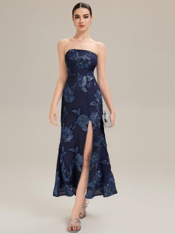 Thigh-High Slit Mesh Sleeveless Evening Dress - Navy Blue