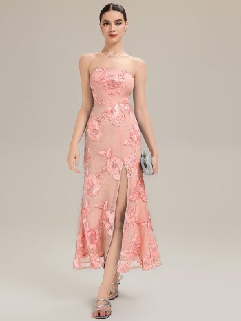 Thigh-High Slit Mesh Sleeveless Evening Dress - Pink