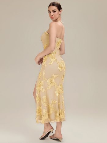 Thigh-High Slit Mesh Sleeveless Evening Dress - Yellow