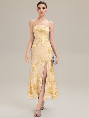 Thigh-High Slit Mesh Sleeveless Evening Dress - Yellow