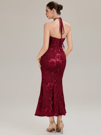 Floral Mesh Sleeveless Evening Dress - Burgundy