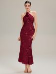 Floral Mesh Sleeveless Evening Dress - Burgundy