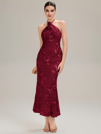 Floral Mesh Sleeveless Evening Dress - Burgundy