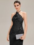 Floral Mesh Sleeveless Evening Dress – Black