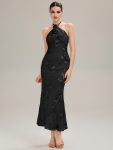 Floral Mesh Sleeveless Evening Dress - Black
