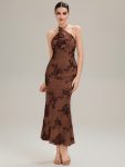 Floral Mesh Sleeveless Evening Dress - Brown