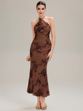 Floral Mesh Sleeveless Evening Dress - Brown