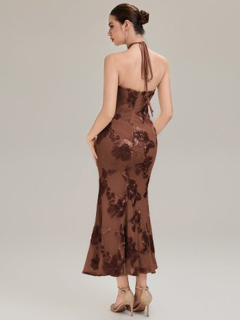 Floral Mesh Sleeveless Evening Dress - Brown