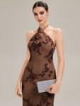 Floral Mesh Sleeveless Evening Dress – Brown