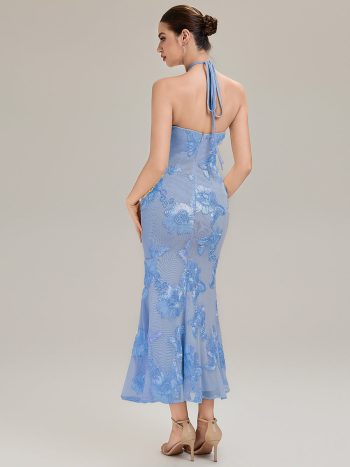 Floral Mesh Sleeveless Evening Dress - Ice Blue