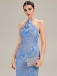Floral Mesh Sleeveless Evening Dress – Ice Blue