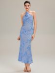 Floral Mesh Sleeveless Evening Dress - Ice Blue