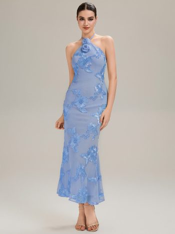 Floral Mesh Sleeveless Evening Dress - Ice Blue