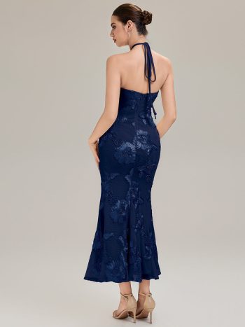 Floral Mesh Sleeveless Evening Dress - Navy Blue