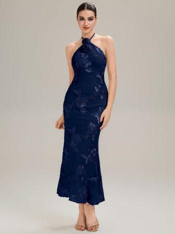 Floral Mesh Sleeveless Evening Dress - Navy Blue