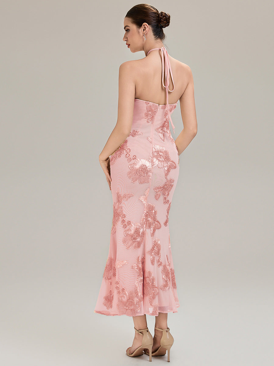 Floral Mesh Sleeveless Evening Dress - Pink Floral Mesh Sleeveless Evening Dress - Pink