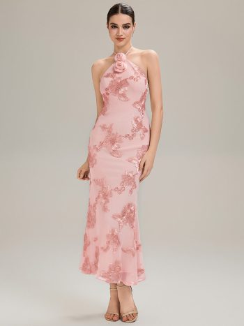 Floral Mesh Sleeveless Evening Dress - Pink