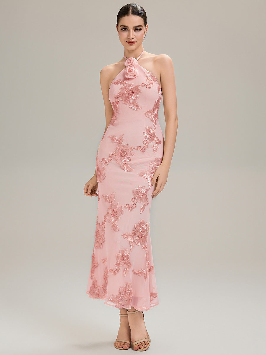 Floral Mesh Sleeveless Evening Dress - Pink Floral Mesh Sleeveless Evening Dress - Pink
