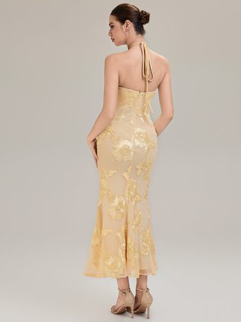 Floral Mesh Sleeveless Evening Dress - Yellow