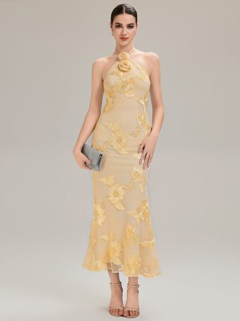 Floral Mesh Sleeveless Evening Dress - Yellow
